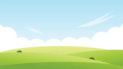 Rolgordijnen Kinderkamer landscape cartoon scene with green hills and white cloud in summer blue sky background  © piggu