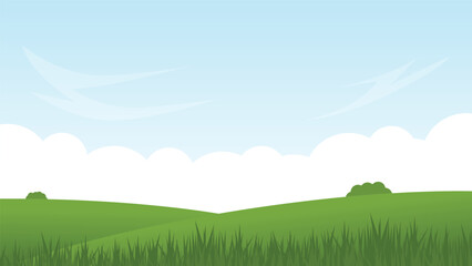 Fototapeta na wymiar landscape cartoon scene with green hills and white cloud in summer blue sky background