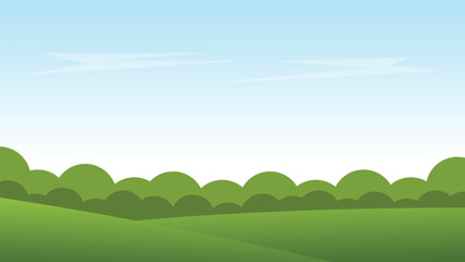 landscape cartoon scene with green hills and white cloud in summer blue sky background
