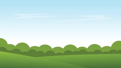 Poster landscape cartoon scene with green hills and white cloud in summer blue sky background © piggu
