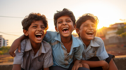 夕焼けの街の中で、アジア人の男の子3人が笑っている逆光の写真 - obrazy, fototapety, plakaty