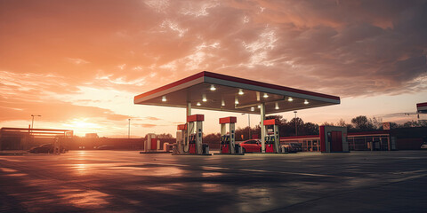 Gas station at sunset. - obrazy, fototapety, plakaty