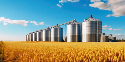 Elevator. Large aluminum silos for storing cereals against the blue sky and voluminous clouds. A field of golden ripe wheat. Harvest season - obrazy, fototapety, plakaty