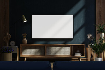 Dark blue wall in night time have tv on wood cabinet in living room with sofa - obrazy, fototapety, plakaty