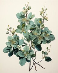 Branch of a tree with leaves and green flowers - herbarium illustration