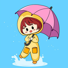 Girl Wearing Yellow Raincoat Illustration