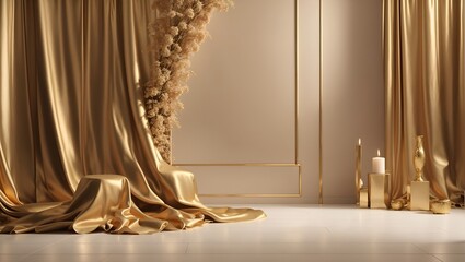Elegant and minimalist backdrop with a matte gold surface, conveying opulence and timeless luxury. Product placement copy space. - obrazy, fototapety, plakaty