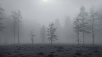 Fototapeta na wymiar Minimalist scene of a foggy, monochromatic forest, where the mist obscures the details and leaves a sense of mystery and simplicity. Copy space.