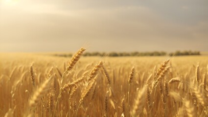 Obraz premium Beautiful mesmerizing landscape of wheat field under cloudy sky. Minimal abstract background with nature and summer concept. With copy space.