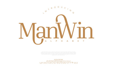 Manwin premium luxury elegant alphabet letters and numbers. Elegant wedding typography classic serif font decorative vintage retro. Creative vector illustration