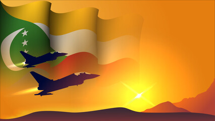 fighter jet plane with comoros waving flag background design with sunset view suitable for national comoros air forces day event