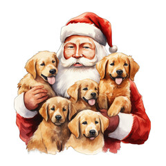 Santa Claus with a bunch of golden retrievers puppy dogs for Christmas, isolated on transparent background