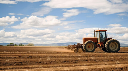 Obraz premium Side view of unrecognizable farmer driving tractor while working soil of agricultural field under cloudy sky on sunny day