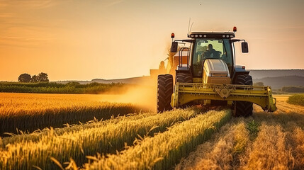 Tractor working on the rice fields barley farm at sunset time, modern agricultural transport.