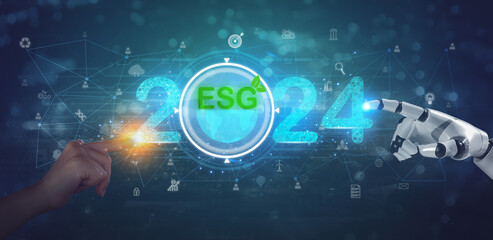 ESG Concepts. Environmental, Social and Corporate Governance. Businessman pressing 2024 target...