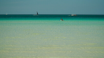 Sandy tropical beach and blue sea against the sky. Boracay, Philippines. Summer and travel vacation concept. Boracay, Philippines
