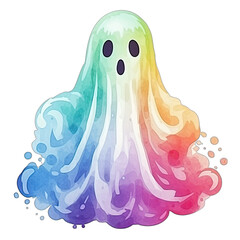Rainbow colored watercolor illustration of a Halloween ghost, isolated on transparent background