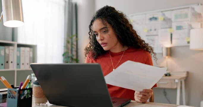Business, thinking and woman with a laptop, document and planning with research, project deadline and brainstorming. Person, employee and consultant with a pc, paperwork and brainstorming with review