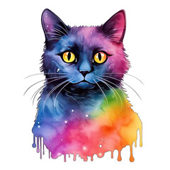 Rainbow colored black cat for Halloween, isolated on white background
