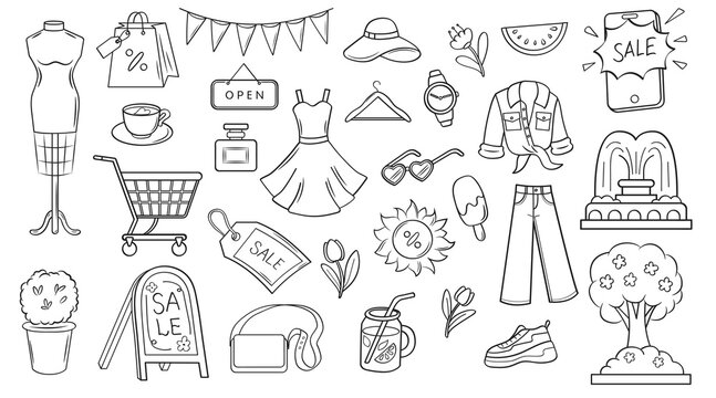Summer city shopping. Goods for the whole family sale. Doodle set of elements. Clothing, shoes, perfume, jewelry, accessories.