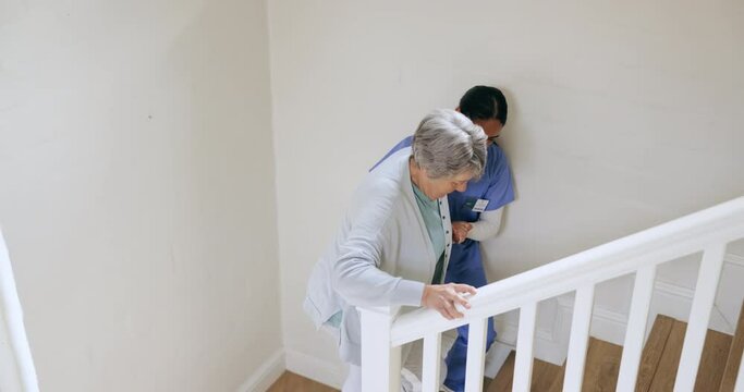 Senior, woman and nurse with support on stairs for disability, wellness and care in retirement home or house. Elderly, professional and caregiver with help on steps for healthcare, safety or homecare