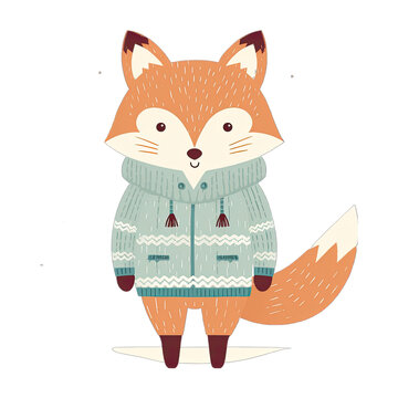 Scandinavian winter fox, dressed in winter clothing. Flat design style. Isolated on white transparent background