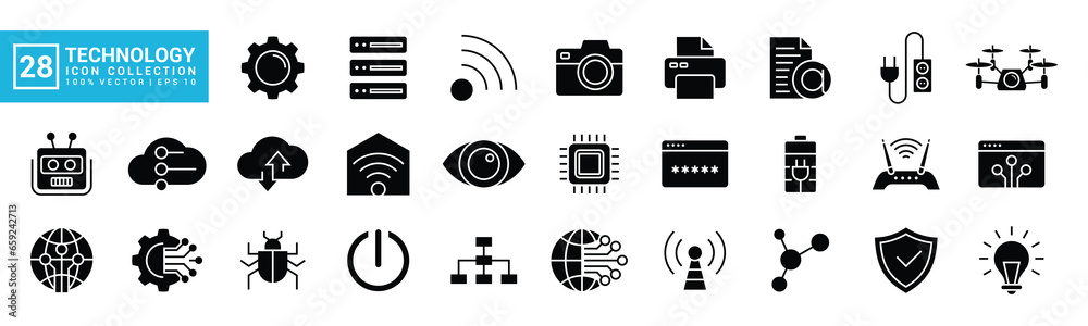 Poster Collection vector of technology icons, filled with communication, network, computer program, data, IT network, editable and resizable vector icons EPS 10