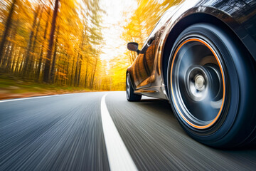 Close up tire and wheel of a car on the road in background of autumn view with forest with long exposure nature scape. The driving concept of travel and vacation. - obrazy, fototapety, plakaty