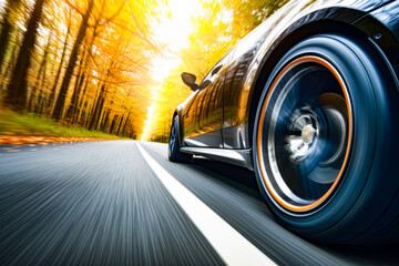 Close up tire and wheel of a car on the road in background of autumn view with forest with long exposure nature scape. The driving concept of travel and vacation. - obrazy, fototapety, plakaty