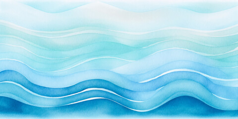 Fototapeta premium Ocean wave, water ripples watercolor illustration. Blue, teal, turquoise happy cartoon wave for pool party or ocean beach cruise travel. Wavy lines web mobile banner backdrop, copy space.