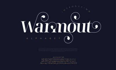 Warmout premium luxury elegant alphabet letters and numbers. Elegant wedding typography classic serif font decorative vintage retro. Creative vector illustration
