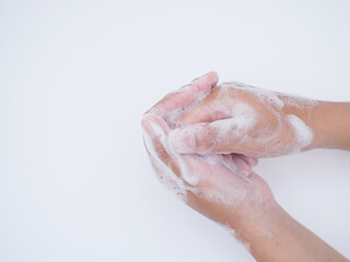 hand washing with foam of soap isolated on white background