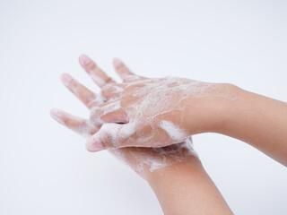 hand washing with foam of soap isolated on white background - obrazy, fototapety, plakaty