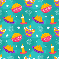 Happy Diwali Seamless Pattern Illustration Design with Light Festival of India Ornament in Cartoon Hand Drawn Template