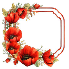 Graphic red poppies border frame, transparent background