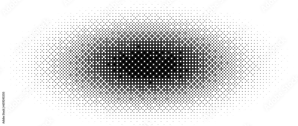 Poster Ellipse halftone gradient texture. Dotted oval pattern background. Abstract 8 bit faded pop art wallpaper. Vanishing spotted pixelated design backdrop for banner, poster, flyer, cover. Vector bitmap