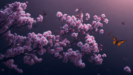 Fototapeta na wymiar pink sakura flowers in full bloom and beautiful butterflies fluttering around generative AI