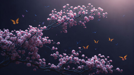 Fototapeta na wymiar pink sakura flowers in full bloom and beautiful butterflies fluttering around generative AI