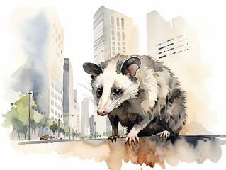 A Minimal Watercolor of a Opossum on the Street of a Large Modern City