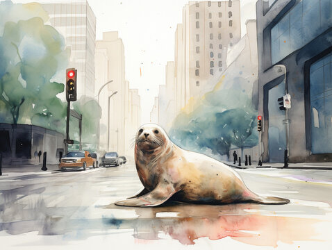 A Minimal Watercolor of a Seal on the Street of a Large Modern City