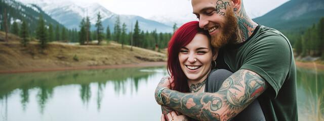 Young happy Scandinavian couple with tattoos laughing and hugging on the shore of a mountain lake