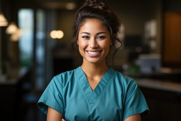 Caucasian nurse with crossed arms in blue clothes - obrazy, fototapety, plakaty