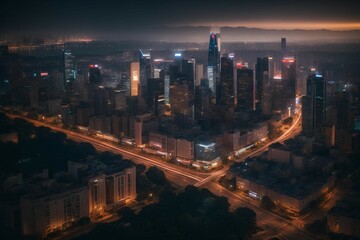 Fototapeta na wymiar AI Generated. AI Generative. Night above air aerial drone panoramic city urban skyscraper town landscape view. Adventure travel journey fly vibe. Graphic Art