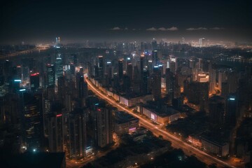 Fototapeta na wymiar AI Generated. AI Generative. Night above air aerial drone panoramic city urban skyscraper town landscape view. Adventure travel journey fly vibe. Graphic Art
