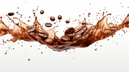 An isolated white background shows a wave of coffee splashing with beans