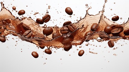 An isolated white background shows a wave of coffee splashing with beans