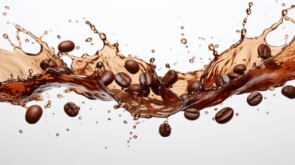 An isolated white background shows a wave of coffee splashing with beans