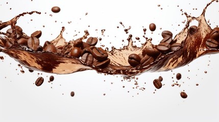 Fototapeta premium An isolated white background shows a wave of coffee splashing with beans
