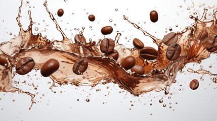 An isolated white background shows a wave of coffee splashing with beans