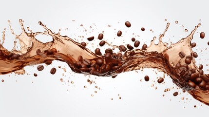 An isolated white background shows a wave of coffee splashing with beans